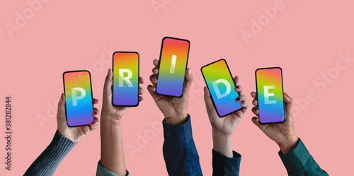 Freedom to Expression for LGTBQ Concept. Group of Diversity People showing Pride Text on Rainbow Color inside a Smartphone. Gender Online Campaign Issue via Social Media in Mobile Phone