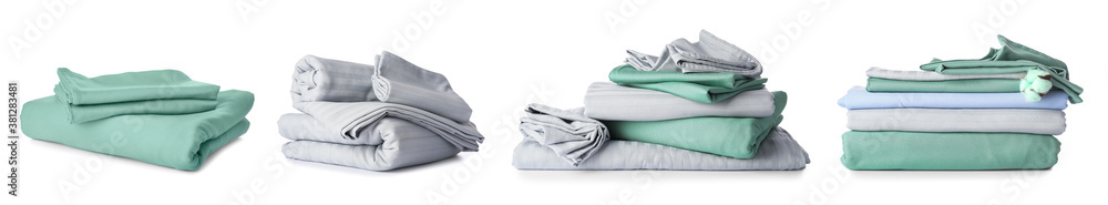 Stack of clean bed sheets on white background Stack of clean bed sheets on white background