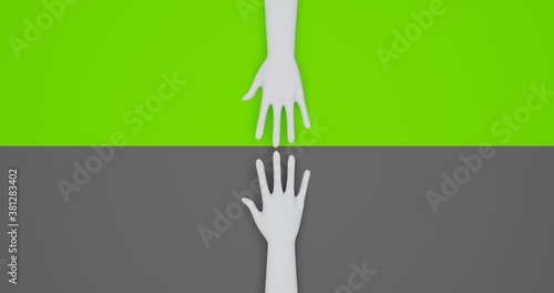 Human Hand Helping Illustration at green and grey Background. 3D Rendering Illustration with space text