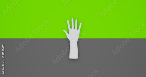 White Human Hand asking for Help at green and grey background. 3D Rendering Illustration with space text