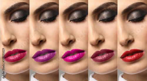 Set of beautiful young woman with different lipsticks  closeup