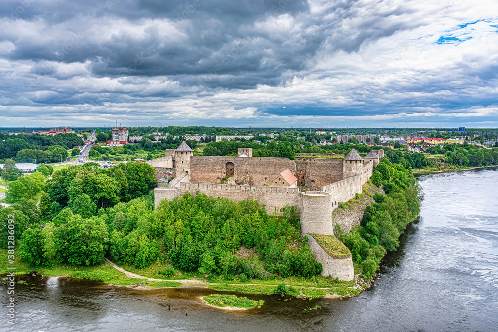 View from the Narva river at the russian castle Ivangorod in Ivangorod.