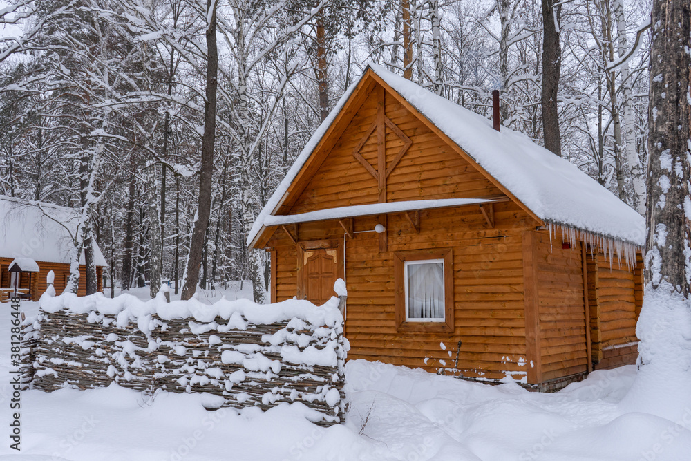 Countryside in winter. Wooden houses and outbuildings covered with snow in cloudy winter day. Rural landscape, village after snowfall Countryside in winter. Wooden houses and outbuildings covered with snow in cloudy winter day. Rural landscape, village after snowfall