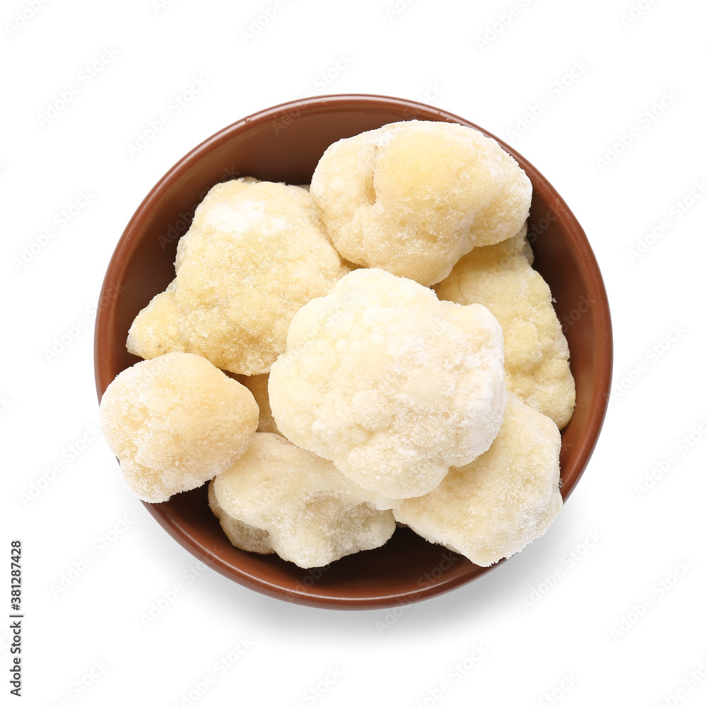 Bowl with frozen cauliflower on white background Bowl with frozen cauliflower on white background