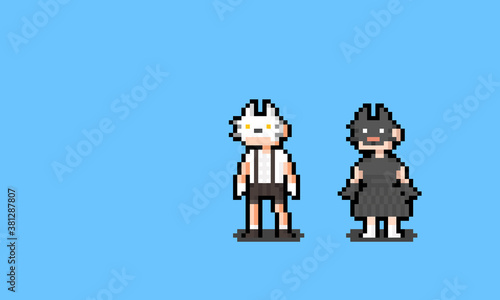 Pixel art cartoon boy and girl character wearing the cat mask.