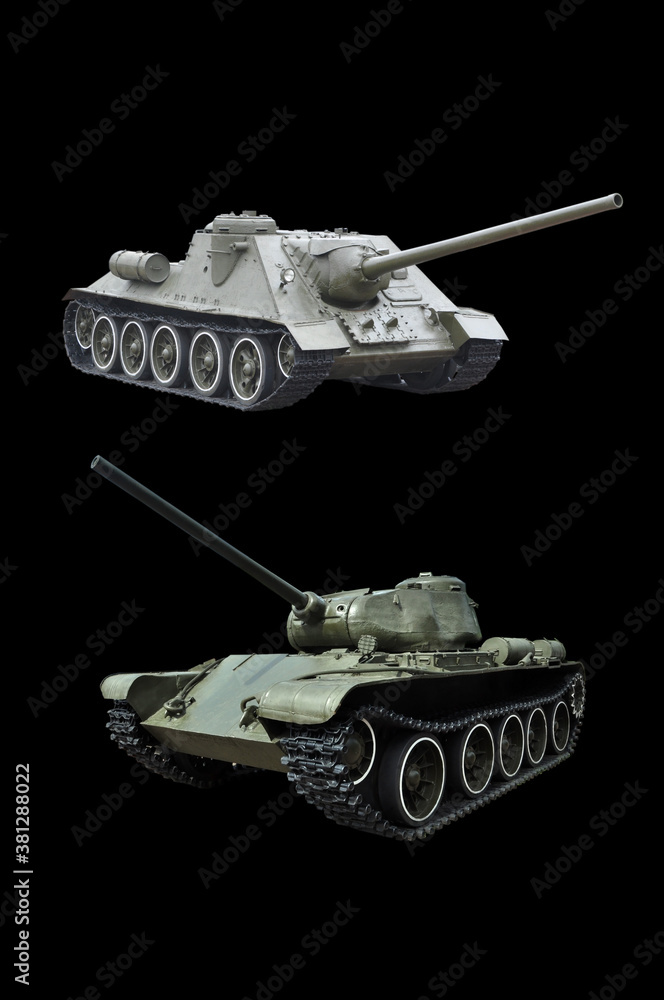 Soviet medium tank and selfpropelled gun . Isolate on black. Stock