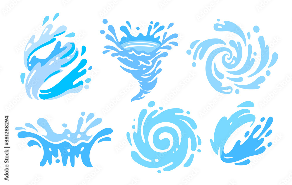 set of blue water splashes with drops set of blue water splashes with drops