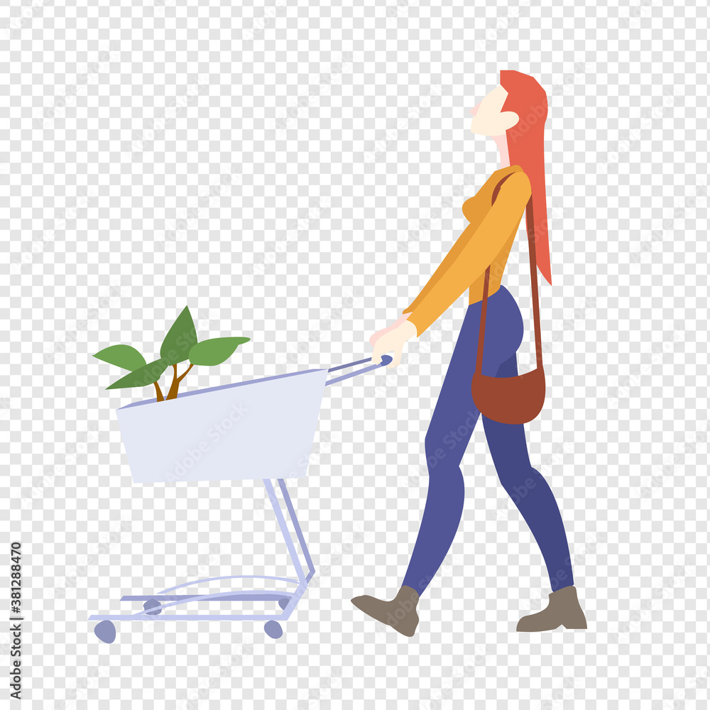 Woman Is Carrying A Grocery Cart Transparent Background, Vector Illustration