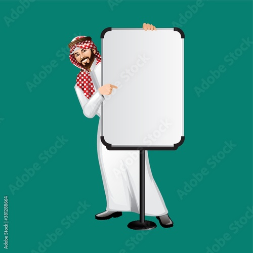 middle eastern businessman pointing to a blank board