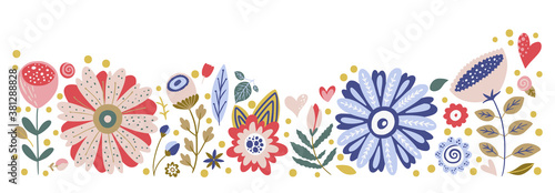 Ornate illustration of leaves, plants, branches and flowers with white background. Hand drawn border for cards, invitations, logo, greeting, wedding invite template illustration. Vector frame.