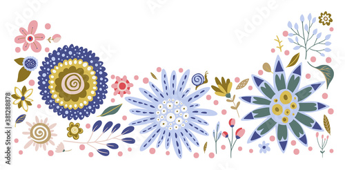 Ornate illustration of leaves, plants, branches and flowers with white background. Hand drawn border for cards, invitations, logo, greeting, wedding invite template illustration. Vector frame.