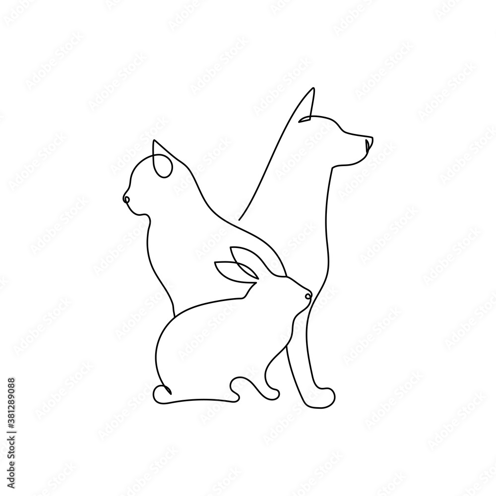 Continuous one line drawing. dog, cat and bunny logo. Pet shop design. One line art vector illustration. Continuous one line drawing. dog, cat and bunny logo. Pet shop design. One line art vector illustration.