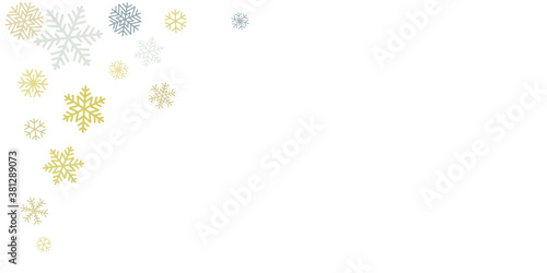 Christmas snowflakes background with place for text. Winter gold and silver snow minimal frame decoration on white, greeting card. New Year Holidays subtle backdrop. Vector illustration