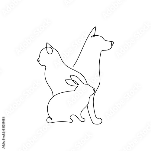 Continuous one line drawing. dog, cat and bunny logo. Pet shop design. One line art vector illustration.