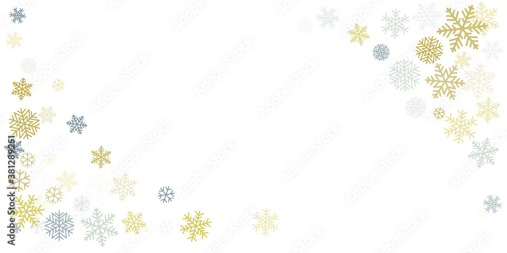 Christmas snowflakes background with place for text. Winter gold and silver snow minimal frame decoration on white, greeting card. New Year Holidays subtle backdrop. Vector illustration Christmas snowflakes background with place for text. Winter gold and silver snow minimal frame decoration on white, greeting card. New Year Holidays subtle backdrop. Vector illustration