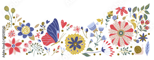 Illustration of leaves, plants, branches butterfly and flowers with white background. Hand drawn border for cards, invitations, logo, greeting, wedding invite template illustration. Vector frame.