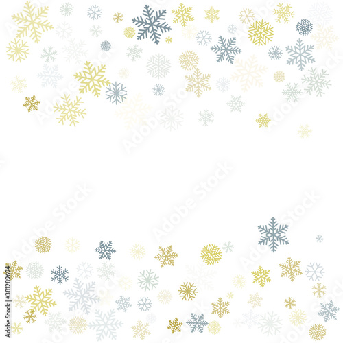 Christmas snowflakes background with place for text. Winter gold and silver snow minimal frame decoration on white  greeting card. New Year Holidays subtle backdrop. Vector illustration