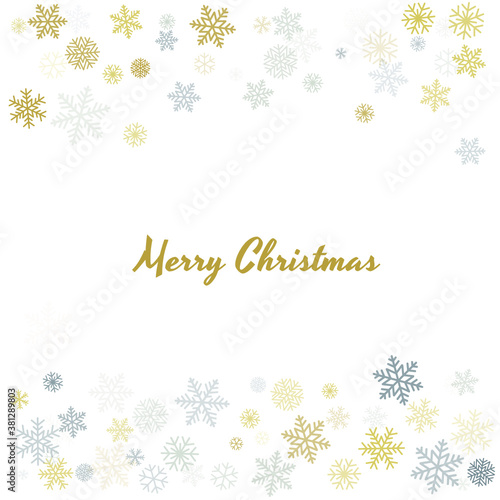 Fototapeta Naklejka Na Ścianę i Meble -  Christmas snowflakes background with place for text. Winter gold and silver snow minimal frame decoration on white, greeting card. New Year Holidays subtle backdrop. Vector illustration