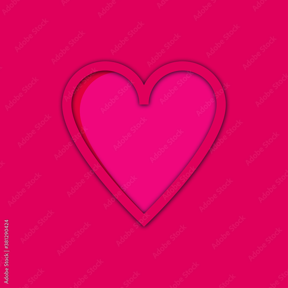 Pink heart icon with 3d effect. Vector heart with shadow on fuchsia colored background. Symbol of love, Valentine's day.