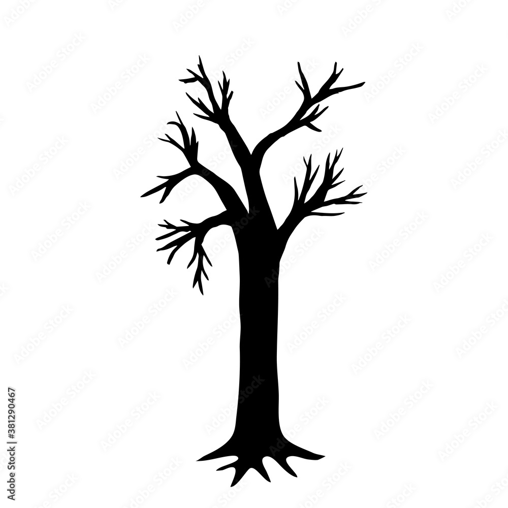Obraz premium full-length black silhouette of a tree with roots and no leaves. vector illustration of an autumn tree. traced hand drawn illustration