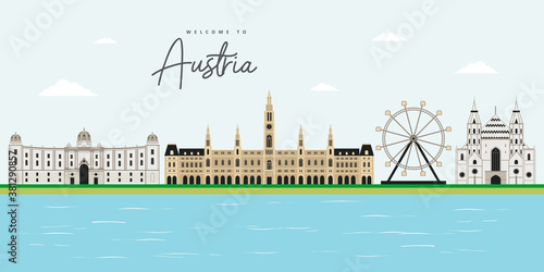 Beautiful city landscape view of Austria with landmark travel collection in Vienna, Austria. Tourist travel destination must visit. The Hofburg, St. Stephen's Cathedral, Prater and Rathaus