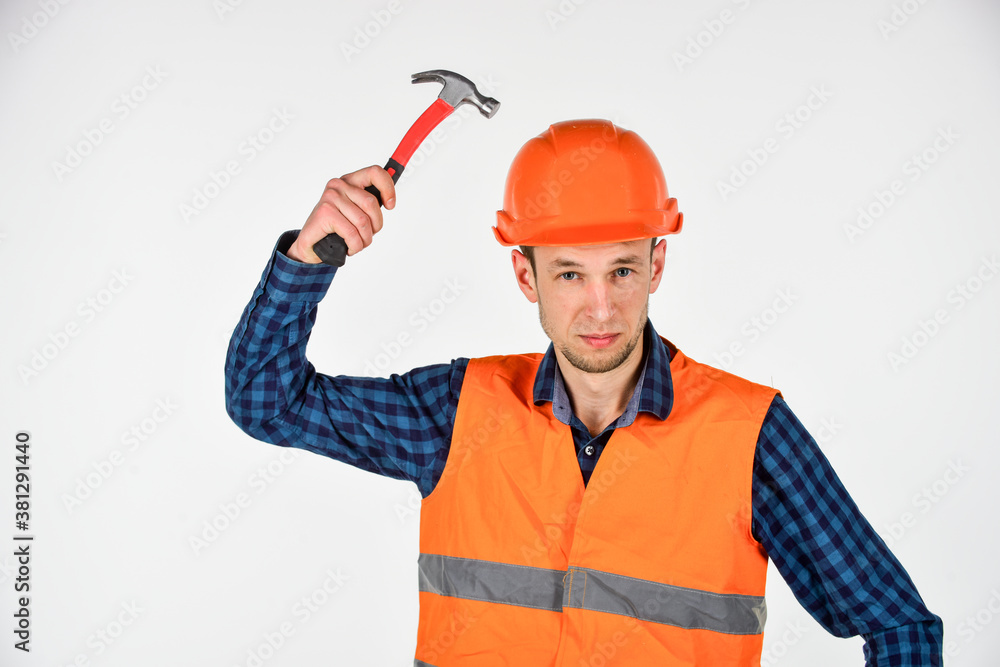 Man repair master knoking own head claw hammer, feeling protected concept Man repair master knoking own head claw hammer, feeling protected concept