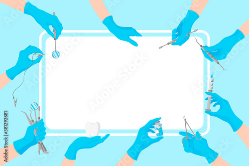 Vector cartoon clean dental banner with the image of doctors hands in blue gloves who hold dental tools around