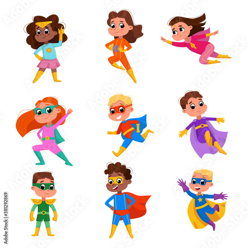 Cute Boys and Girls in Superhero Costumes and Masks Set, Adorable Kids Playing Superhero Cartoon Style Vector Illustration