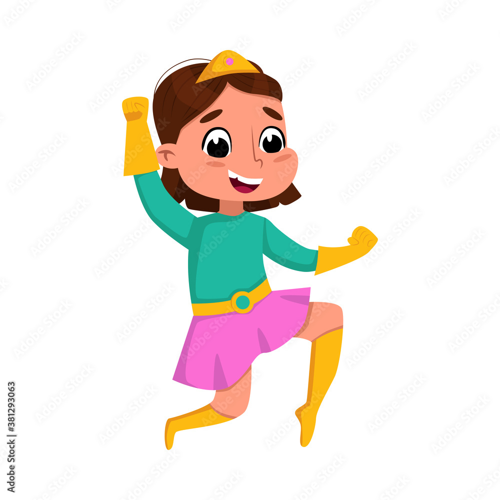 Cute Brunette Girl Playing Superhero Wearing Colorful Costume, Adorable Kid Superhero Character Cartoon Style Vector Illustration