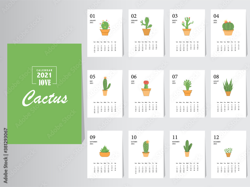 Set of 12 monthly,Cute calendar 2021 design, cactus,Vector illustrations Set of 12 monthly,Cute calendar 2021 design, cactus,Vector illustrations