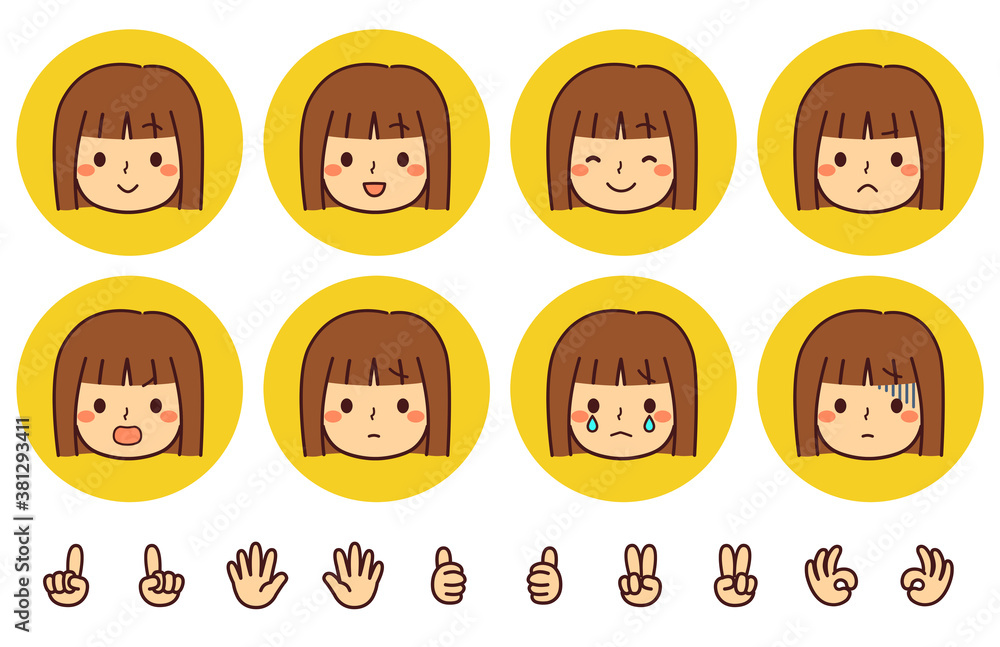 女性　顔　アイコンセット　ぱっつん