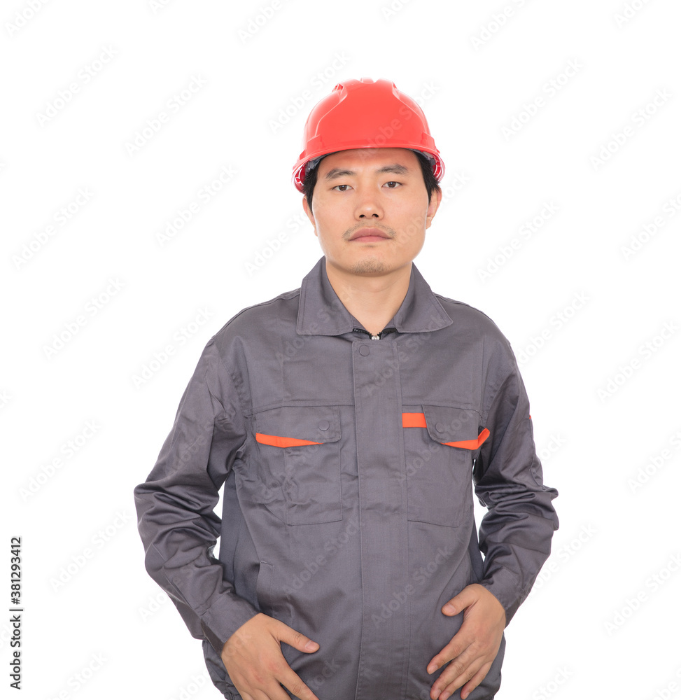 Construction worker standing in front of white background Construction worker standing in front of white background
