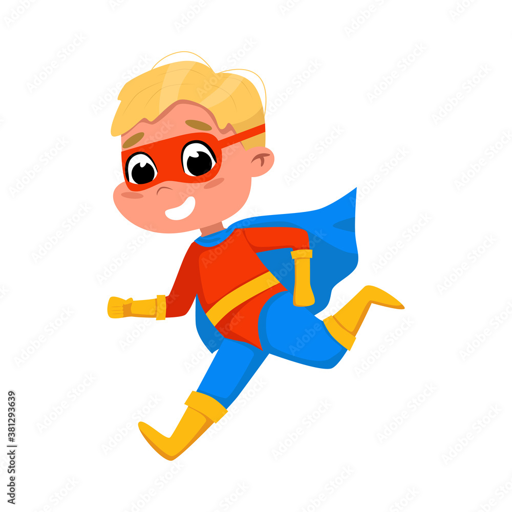 Cute Boy Running Wearing Superhero Costume and Cape, Adorable Smiling Kid Superhero Character Cartoon Style Vector Illustration