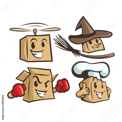 set of many box in different profession. wizard, chef, boxer, flying box. logo character. mascot vector illustration