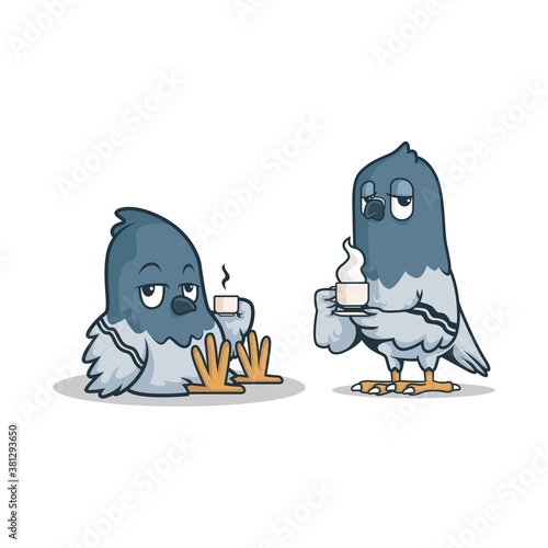 two lazy pigeon with coffee in the wings. vector illustration