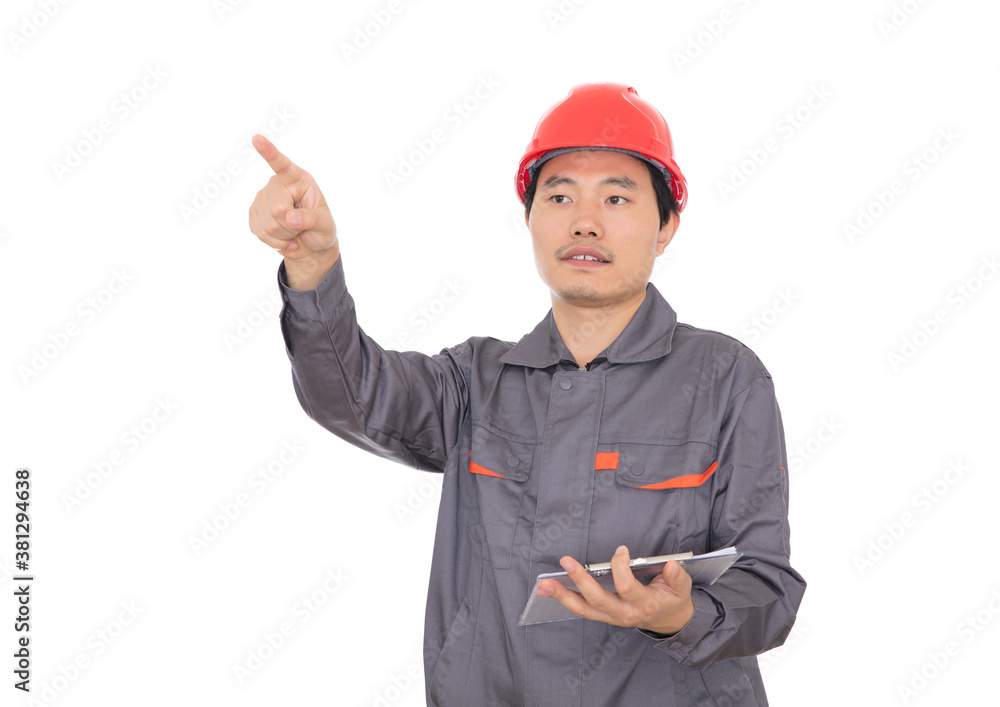 Worker holding documents in hand and wearing red hard hat at work