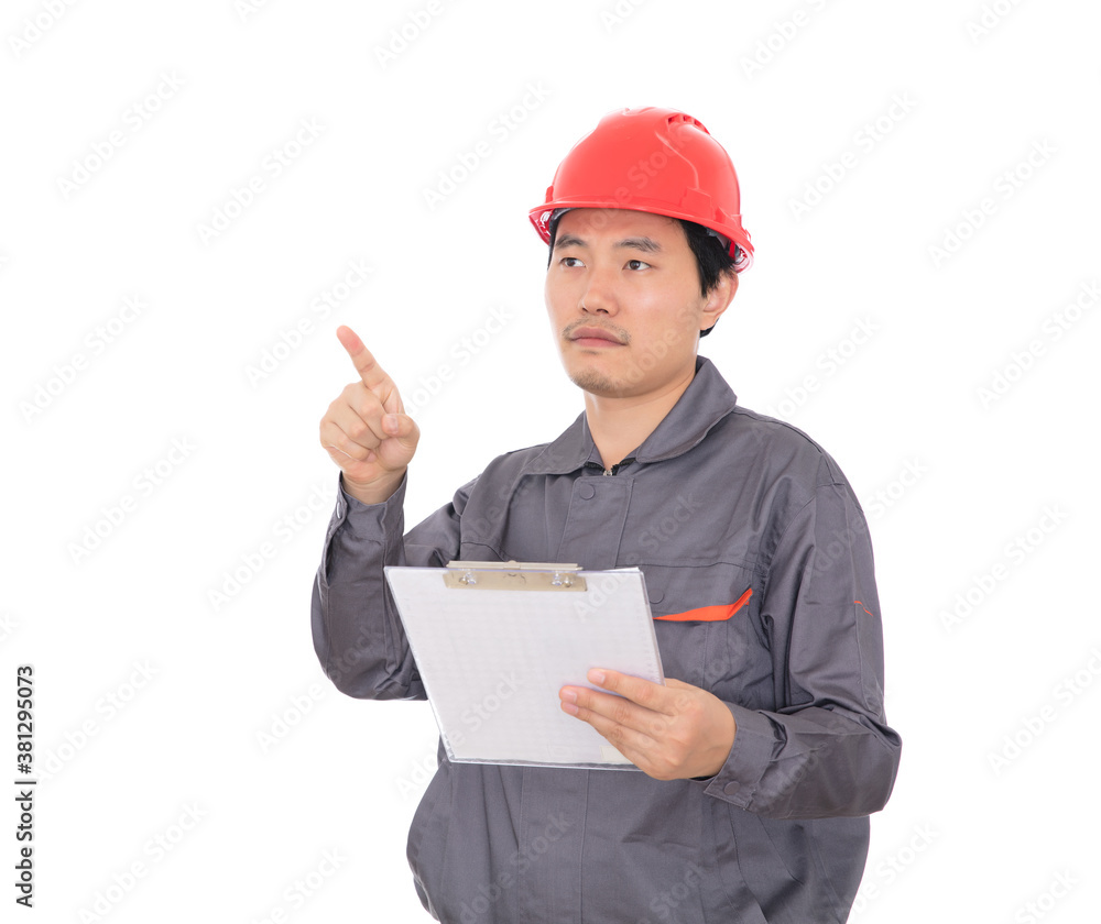 Migrant workers viewing relevant information in front of a white background Migrant workers viewing relevant information in front of a white background