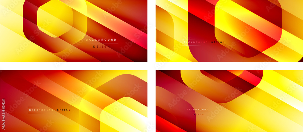 Set of hexagon geometric shapes and fluid gradients with 3d shadow and light straight lines, minimal abstract backgrounds Set of hexagon geometric shapes and fluid gradients with 3d shadow and light straight lines, minimal abstract backgrounds