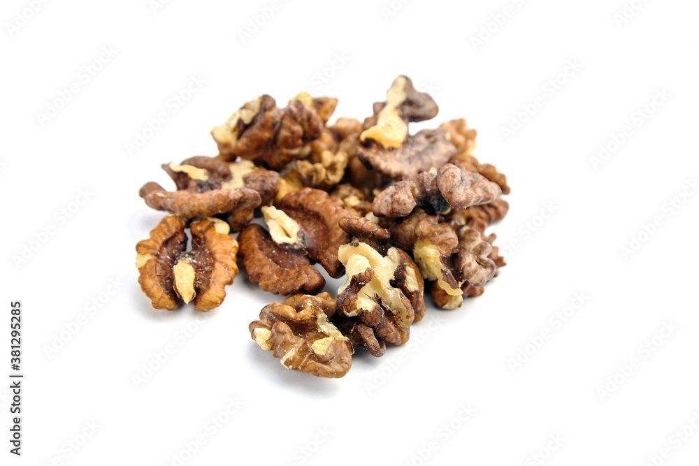 Dry walnut kernels isolated on white background