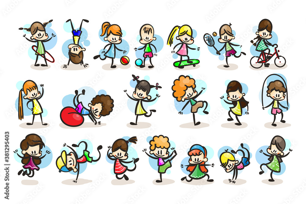 Collection of happy cartoon kids, colored hand drawn doodle outline style Collection of happy cartoon kids, colored hand drawn doodle outline style