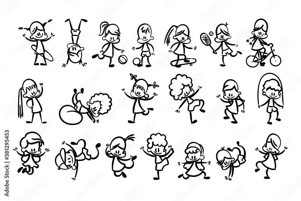 Obraz premium Collection of happy cartoon kids, lined hand drawn doodle outline style