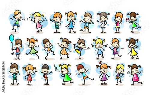 Collection of happy cartoon kids, colored hand drawn doodle outline style