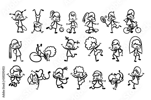 Collection of happy cartoon kids, lined hand drawn doodle outline style