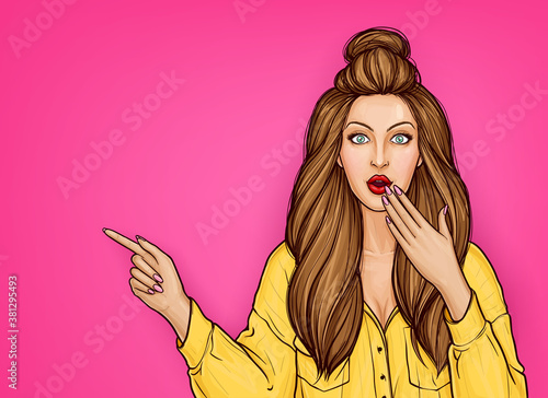 Surprised brown girl pointing by finger on something, pop art vector portrait. Amazed young woman with open mouth. Excellent poster for advertising discounts and unbelievable price, copyspace. photo