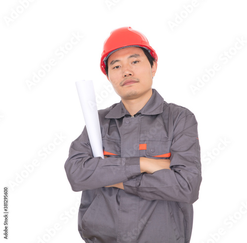 Construction worker holding drawings in hand and standing in front of white background photo