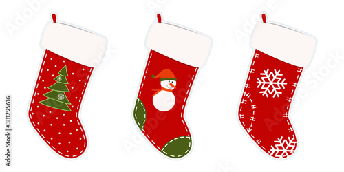 Christmas stockings. Stickers, clipart for xmas. Red, green socks with snowflakes, snowman, Christmas tree. Hanging stockings isolated on white background. Vector illustration. Holiday gifts