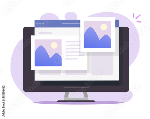 Digital picture image gallery watching on photo album online using desktop computer, pc with internet web electronic photography images web files vector flat cartoon illustration