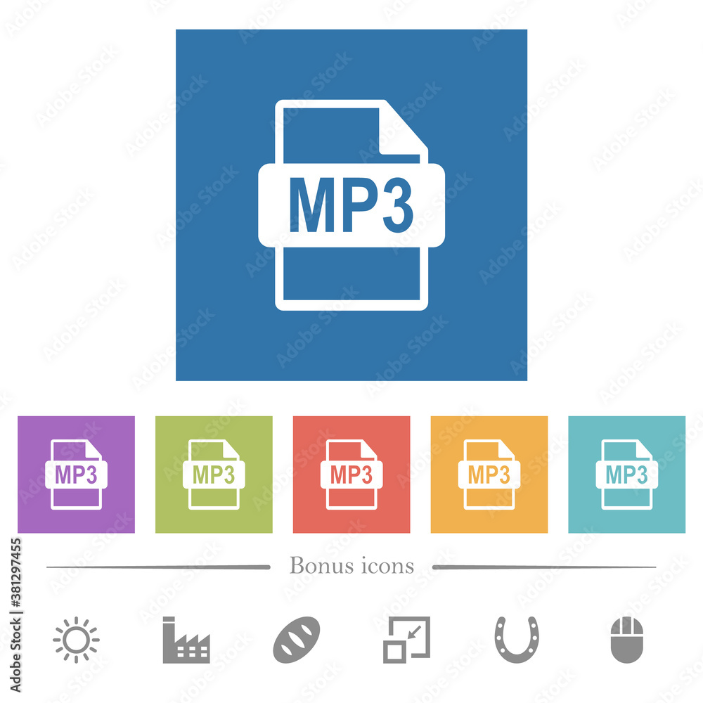 MP3 file format flat white icons in square backgrounds MP3 file format flat white icons in square backgrounds