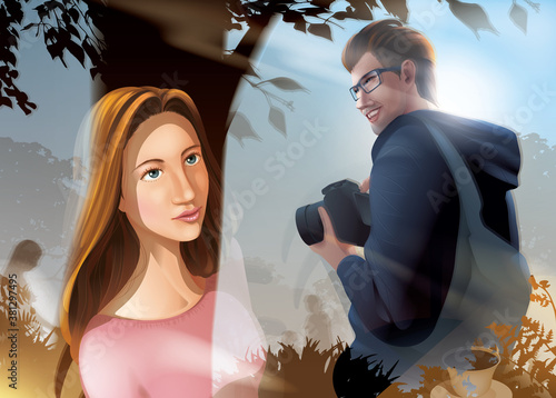 A vector illustration of a beautiful lady steal a glance at the male photographer through the glass window from inside the cafe