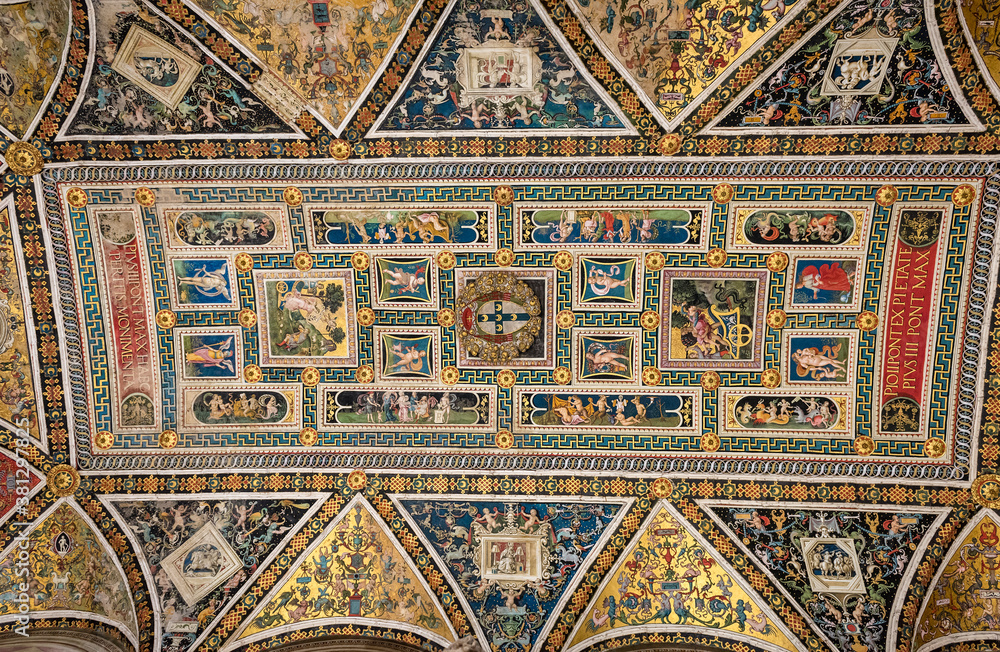 Ceiling covered with pictures of the medieval library in Siena Cathedral (Duomo di Siena) of the 13th century in Siena, Tuscany, Italy